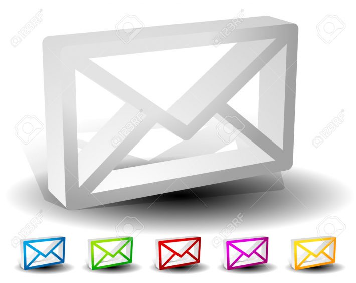 3d Email, envelope, closed letter icons, symbols. Correspondence, communication, contact concepts. Vector. 5 colors, gray, blue, green, red, purple and yellow.